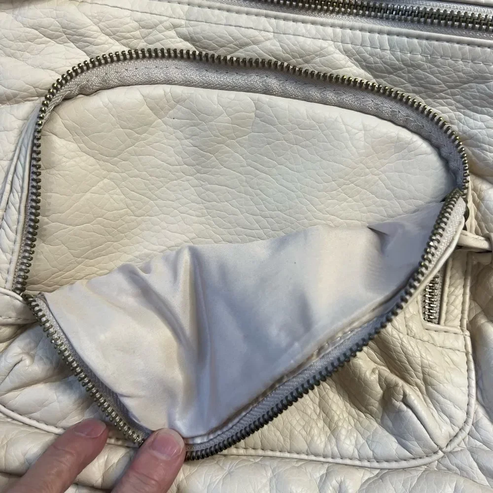 Cream Faux Leather Mini Backpack Pom Pom Charm Boho Casual Daypack Beige